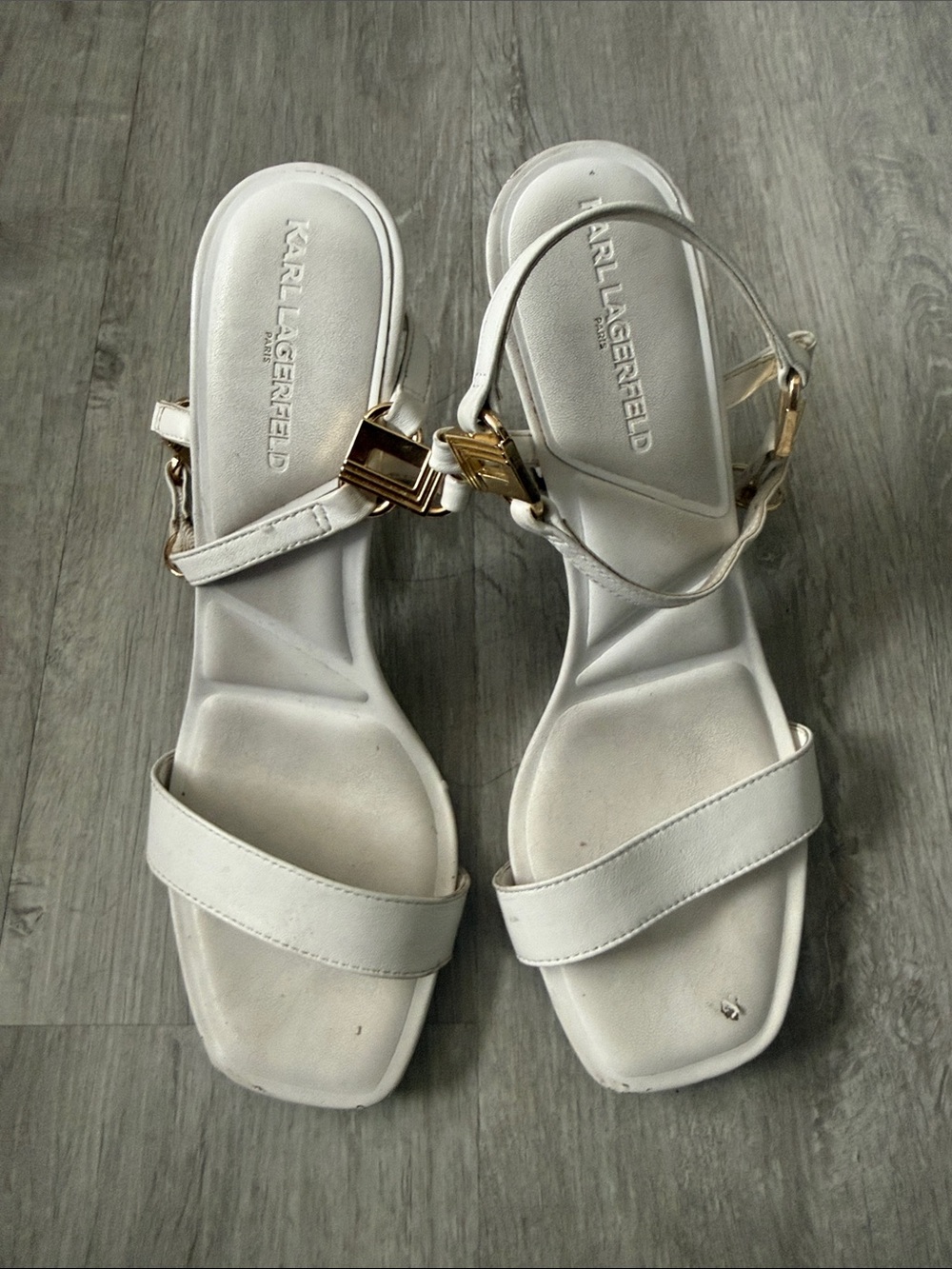 Karl Lagerfeld White Ankle Strap Block Heel Sandals with Gold Buckle
